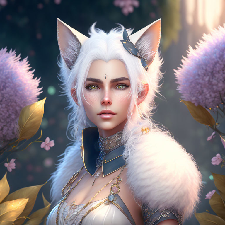 Fantasy portrait of female character with white hair, cat ears, green eyes, floral background, fur