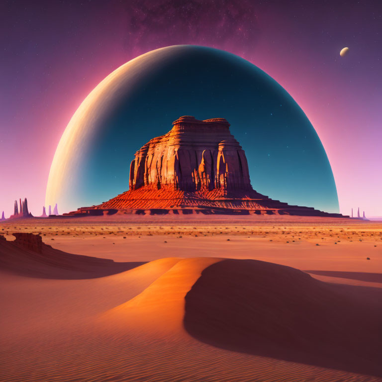 Surreal sci-fi desert landscape with rocky structure, purple sky, planet, and moon