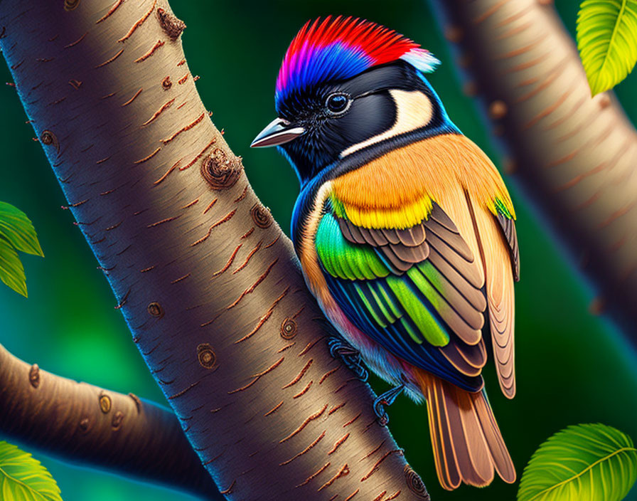 Colorful Bird with Red, Blue, and Black Head on Tree Branch