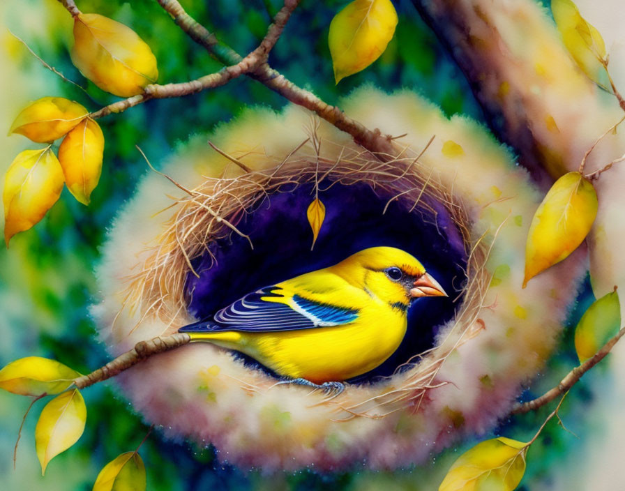 Yellow Bird Nestled in Autumn Leaves