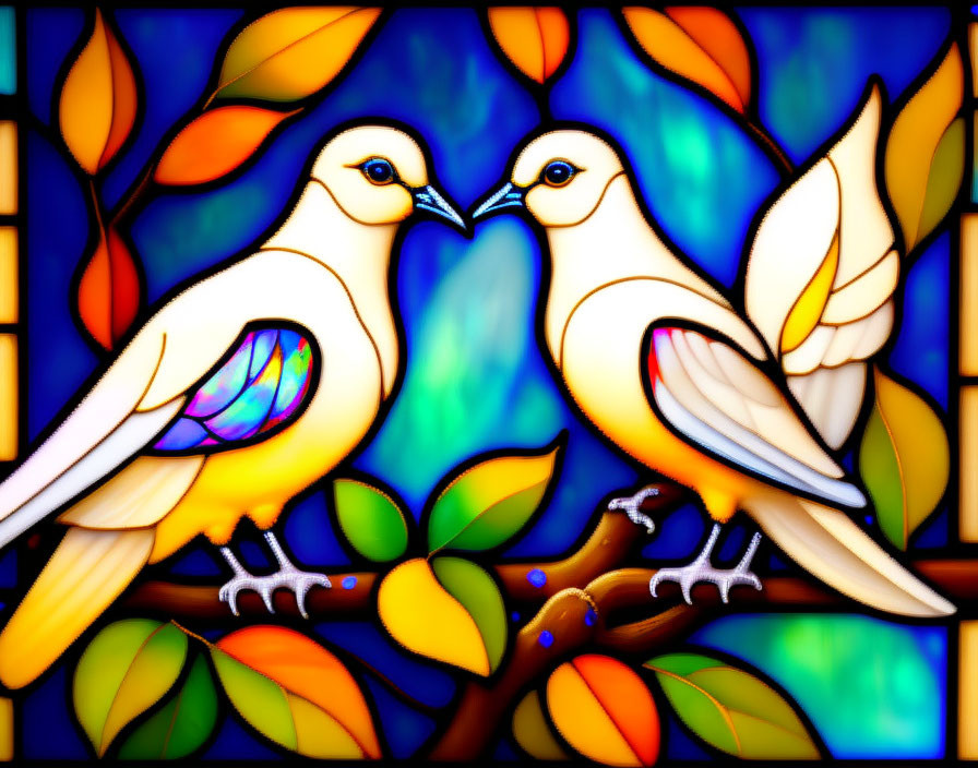 Colorful birds on branch with leaves in stained glass style