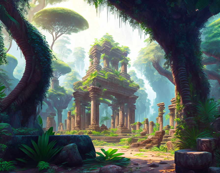 Ancient temple ruins in lush forest under soft light