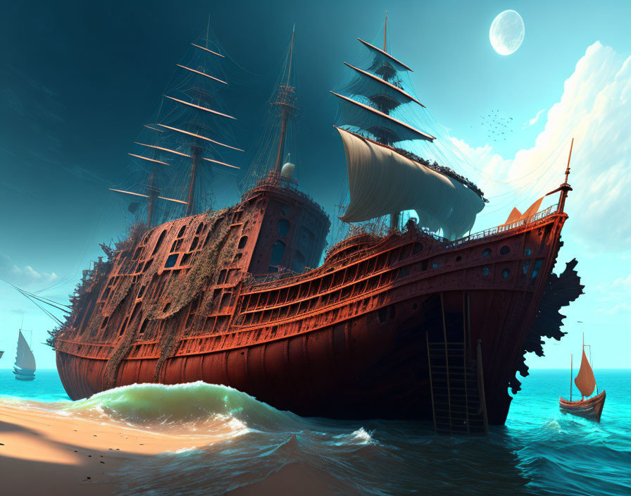 Detailed Fantasy Shipwreck on Sandy Shore with Moon in Serene Maritime Scene