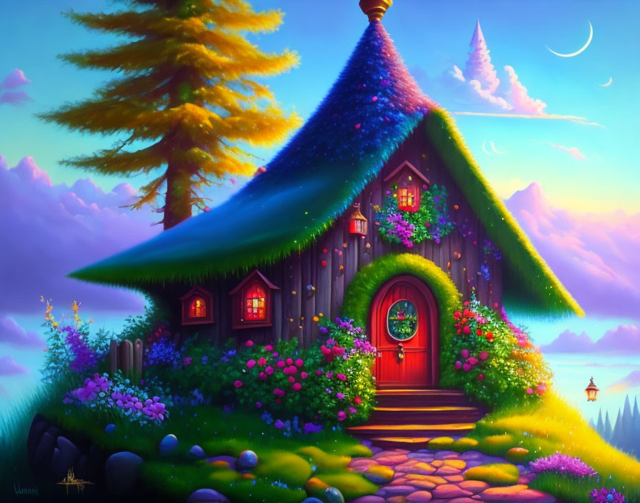 Fantasy cottage with moss-covered roof in twilight garden