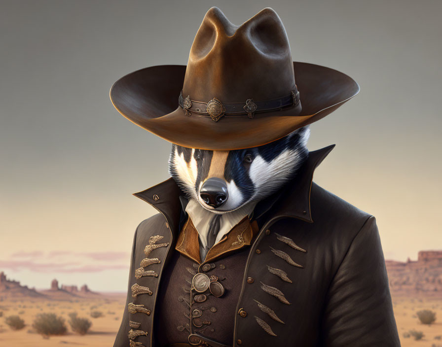 Anthropomorphic Badger Cowboy with Wide-Brimmed Hat and Desert Background