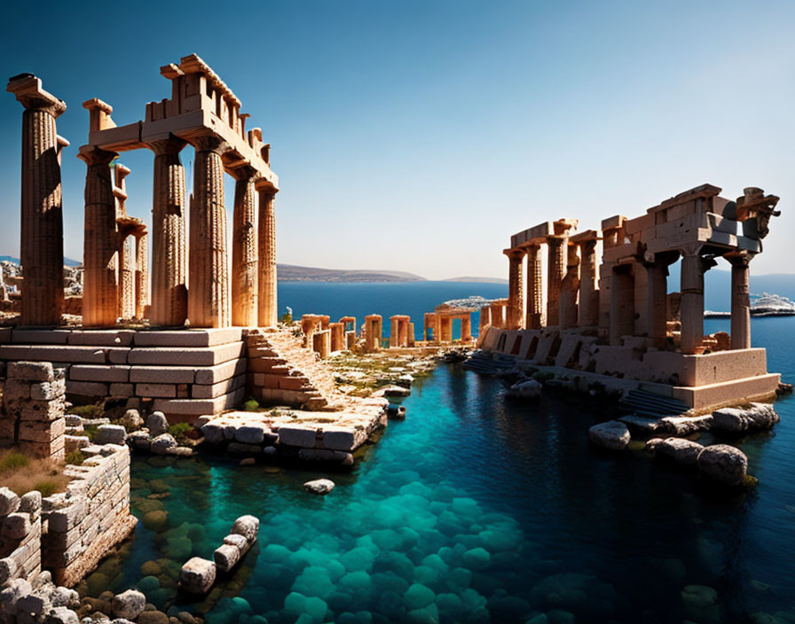 Towering columns of ancient ruins by serene blue sea