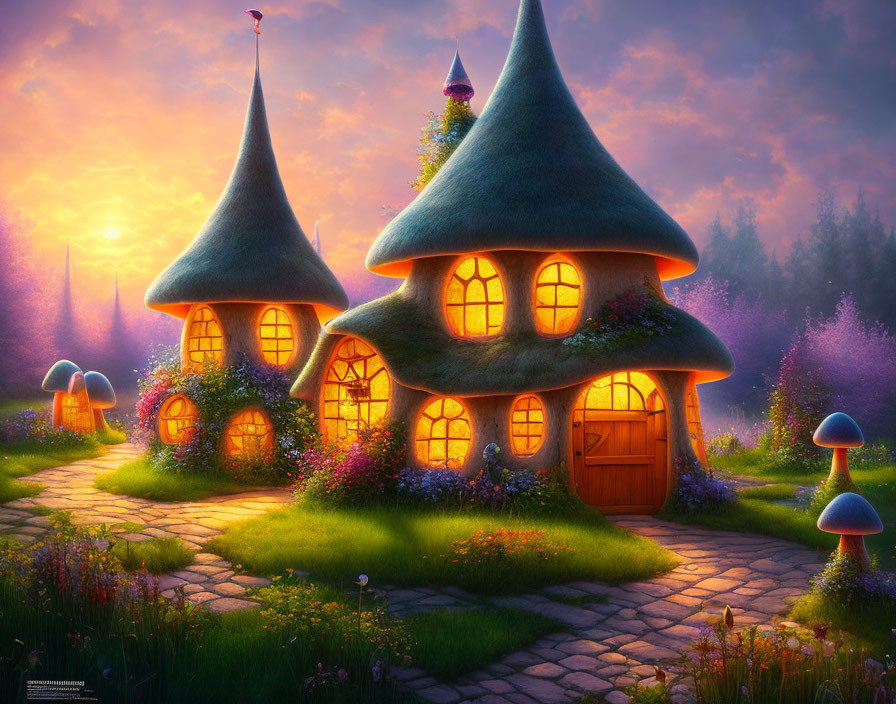 Whimsical fantasy cottage with conical roofs in magical garden at dusk