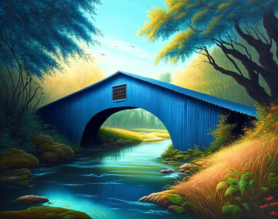 Blue covered bridge over serene creek with lush greenery