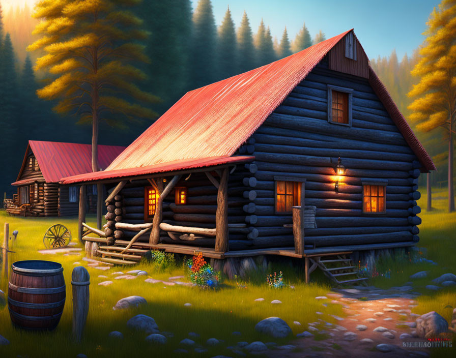 Rustic log cabin with red roof in forest clearing at dusk