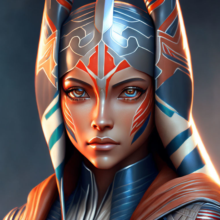 Digital portrait of woman with striking eyes in futuristic helmet with white and orange patterns