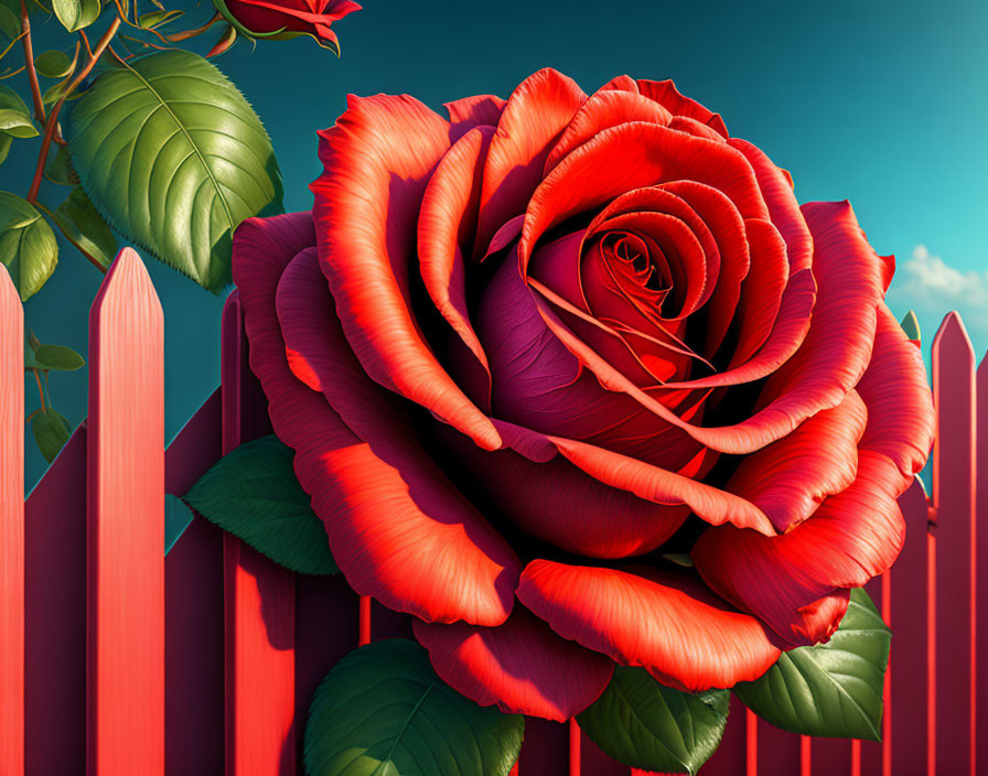 Vibrant red rose with layered petals against teal sky and red picket fence