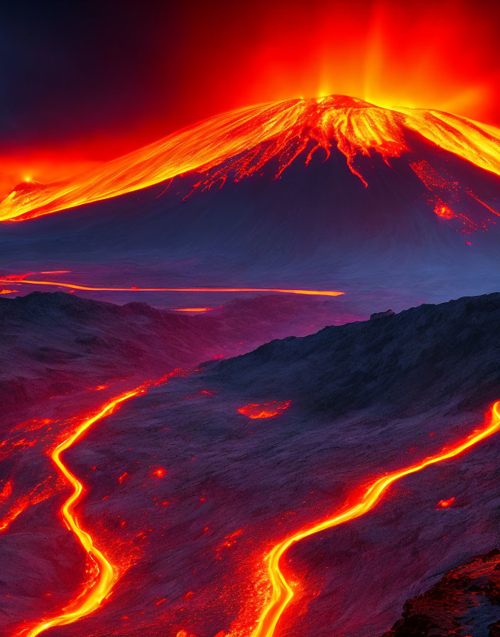 Vivid Nighttime Volcanic Landscape with Flowing Lava Streams