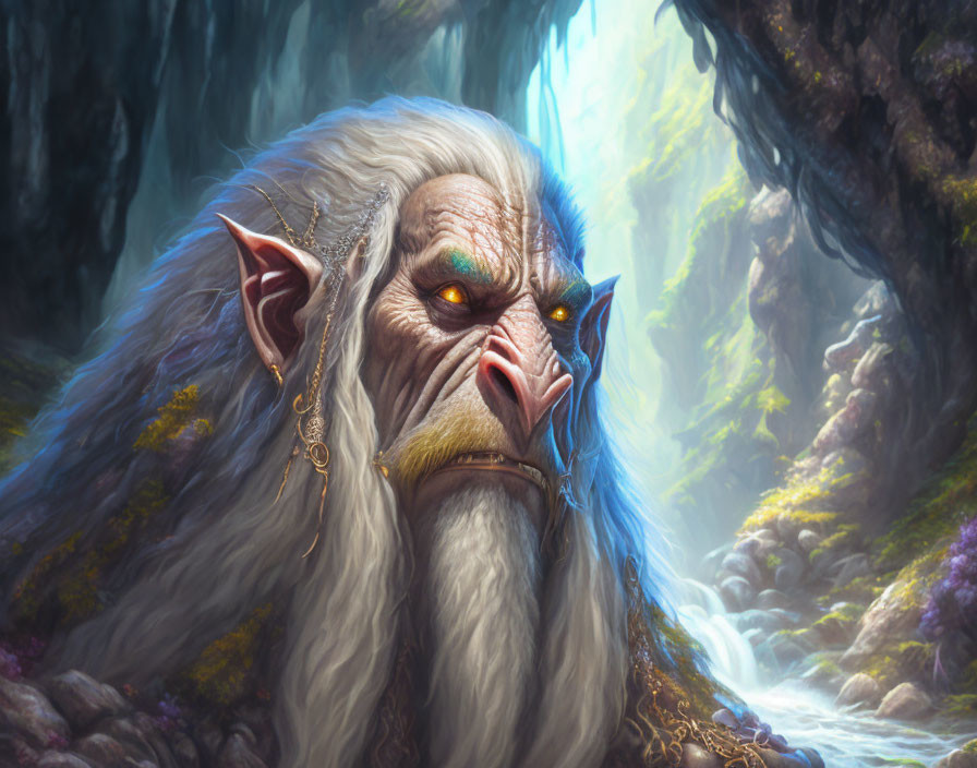 Elderly Fantasy Creature with White Hair in Enchanted Forest