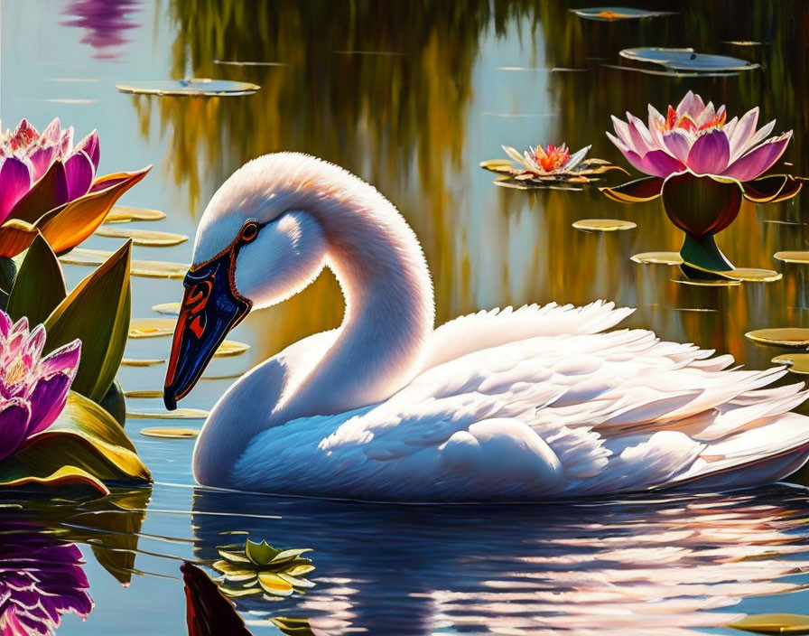 White Swan Gliding on Blue Lake with Water Lilies