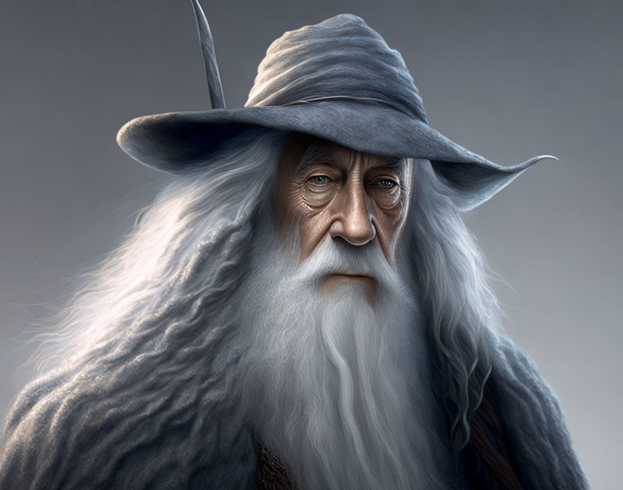 Elderly wizard illustration with long white beard and piercing gaze