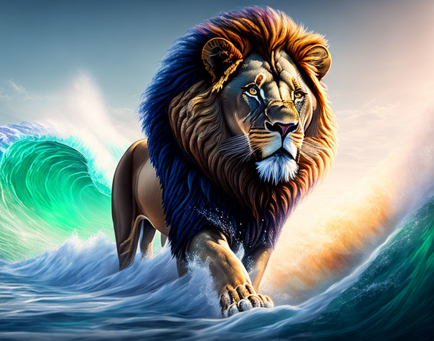 Majestic lion with vibrant mane in ocean waves under dramatic sky