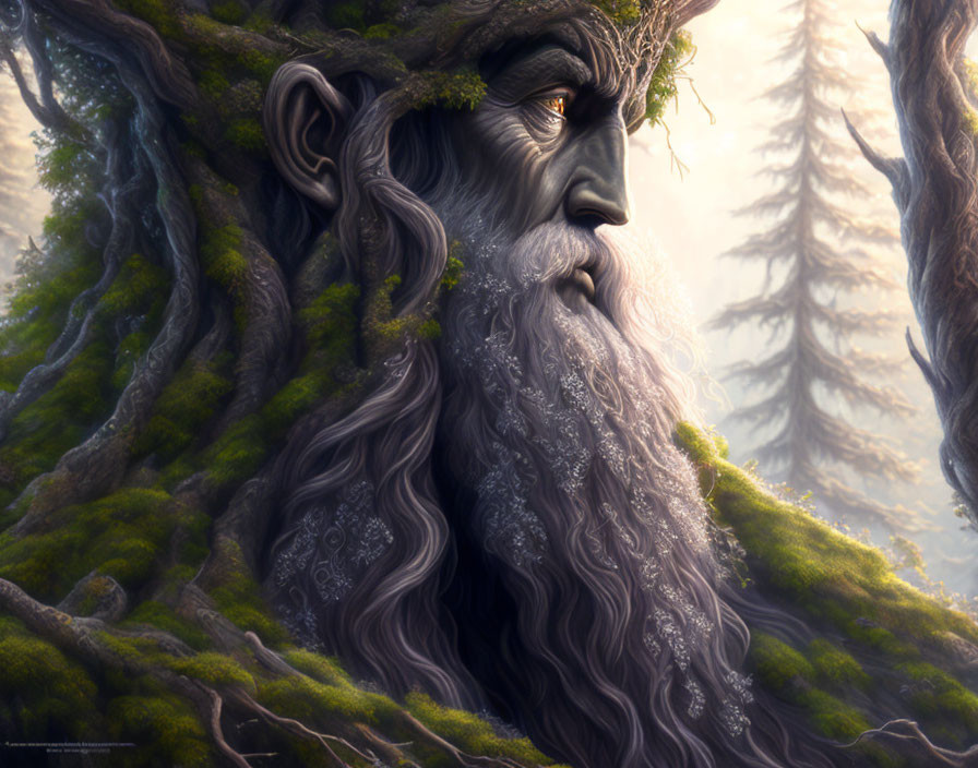 Mythical tree-like being with elderly face in forest setting