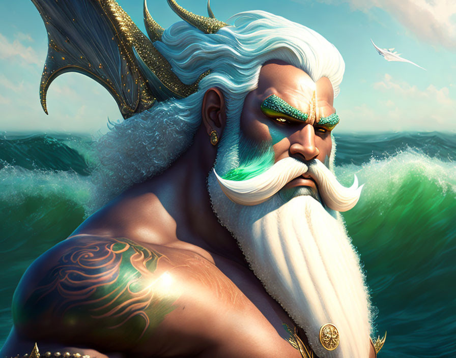 Mythical sea king with white beard, green eyes, golden crown, tattoos, ocean waves background