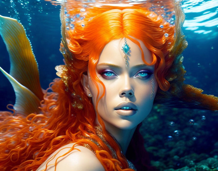 Vibrant orange-haired mermaid with blue eyes and ornate jewelry