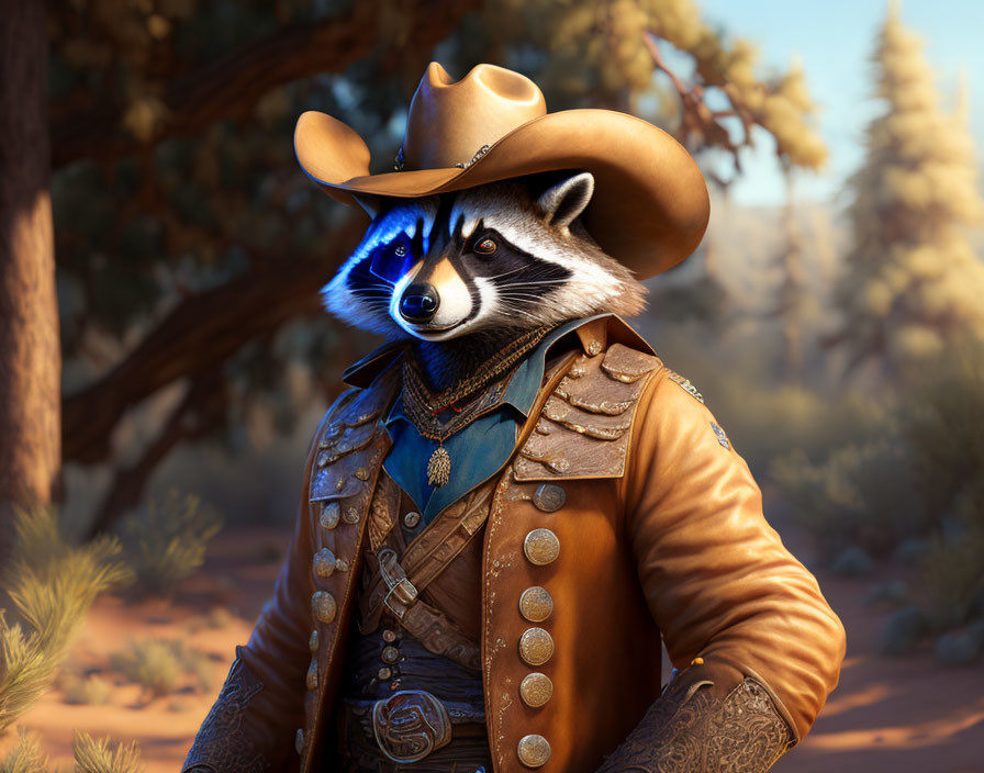 Raccoon in cowboy attire against desert backdrop