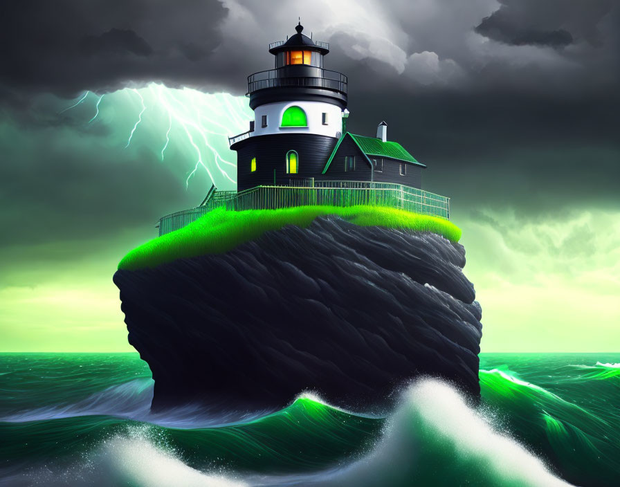 Isolated Rock Lighthouse in Stormy Green Seas