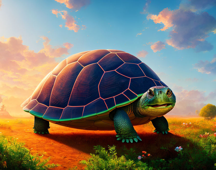 Colorful Giant Turtle Artwork in Sunlit Field with Blue Sky