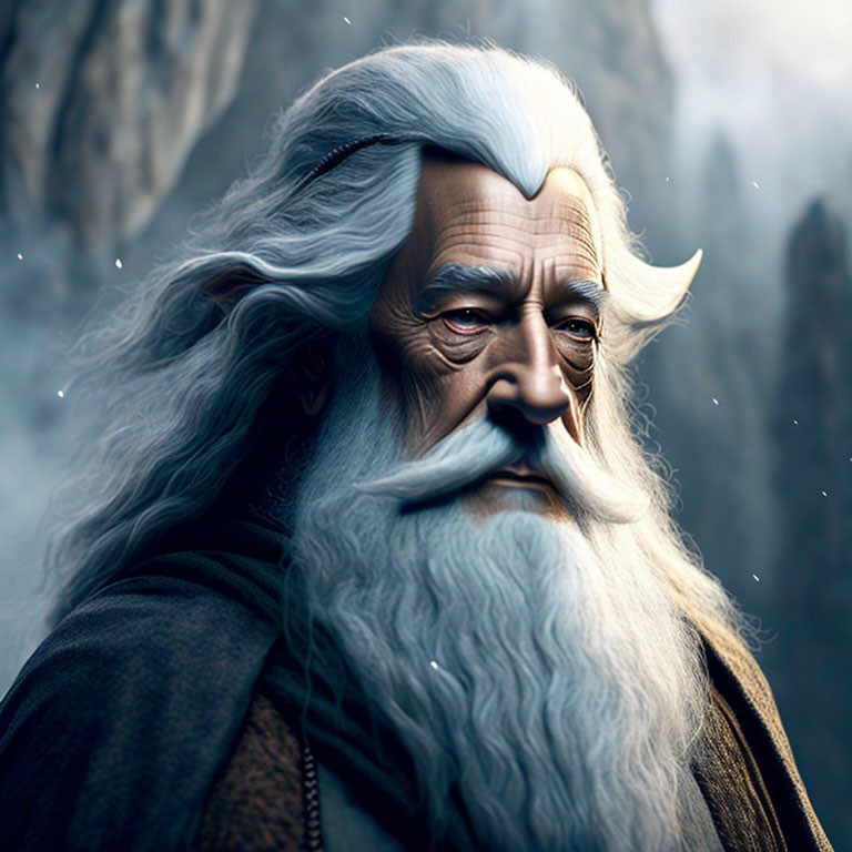 Elderly wizard with long white beard against misty mountains