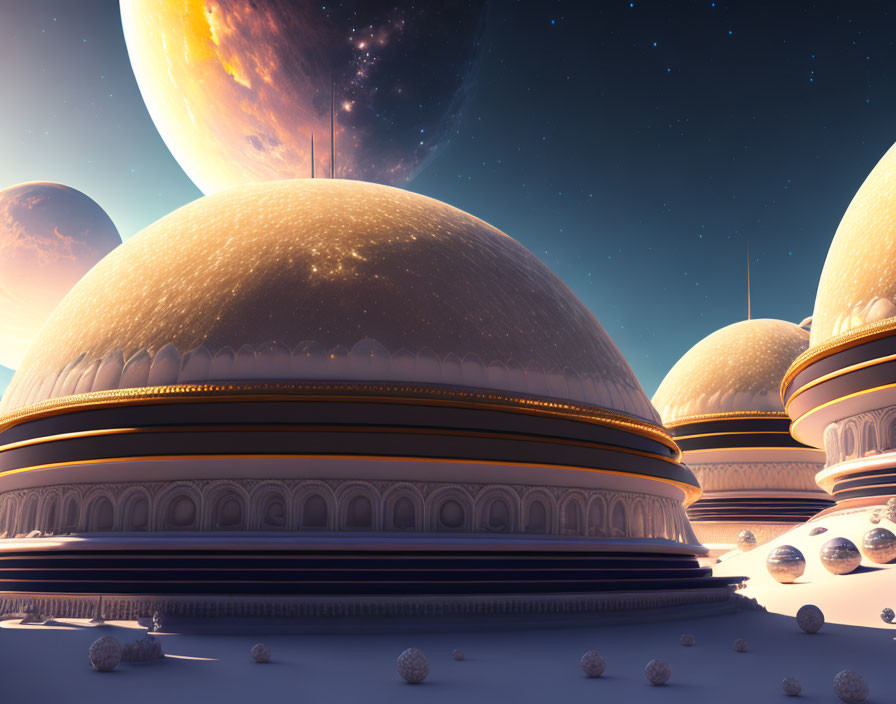 Futuristic domed structures on alien planet with celestial bodies in sky