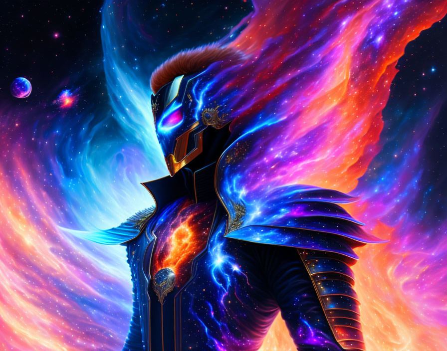 Colorful cosmic warrior in nebula armor against interstellar backdrop