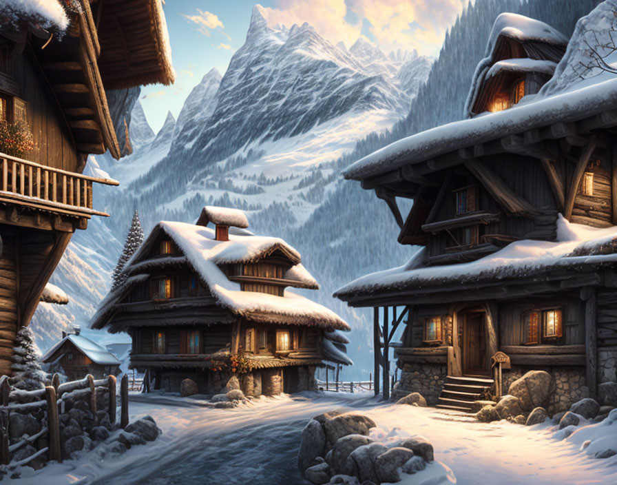 Serene Snow-Covered Chalets in Mountain Village