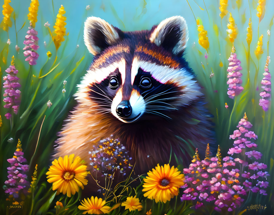 Detailed Painting of Bright-Eyed Raccoon Among Colorful Flowers