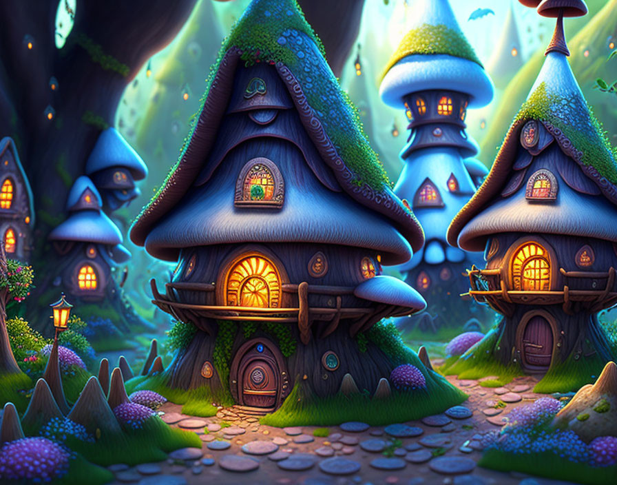 Enchanted forest fantasy illustration: cozy mushroom houses, glowing windows, cobblestone path.