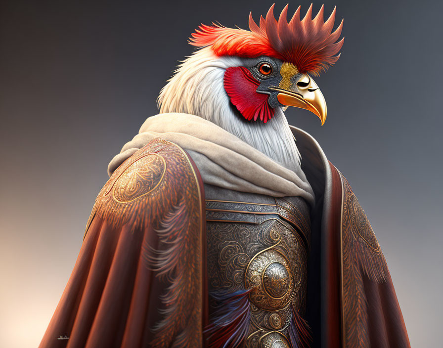 Regal anthropomorphic rooster in ornate armor and cape on gradient background