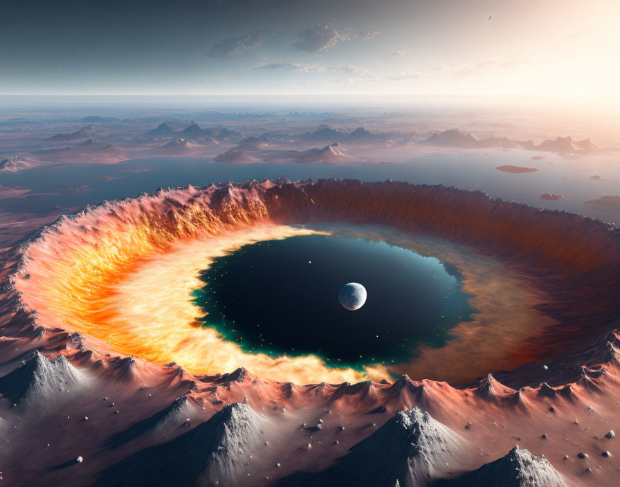 Surreal landscape: volcanic crater, glowing lava edge, moon, mountains, twilight sky