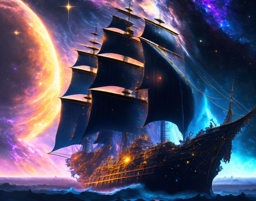 Sailing ship with dark sails on cosmic sea under giant moon