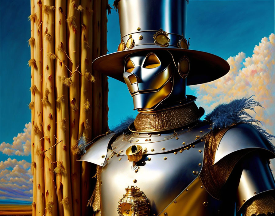 Detailed digital artwork of golden-armored knight against blue skies & columns