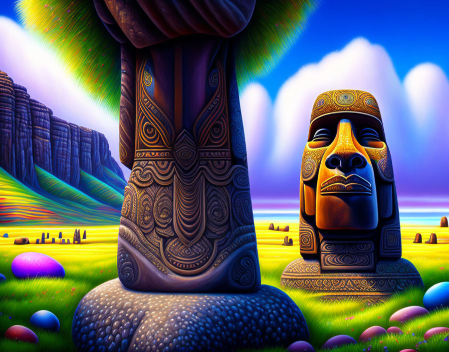 Colorful Easter Island Moai statue in fantasy landscape