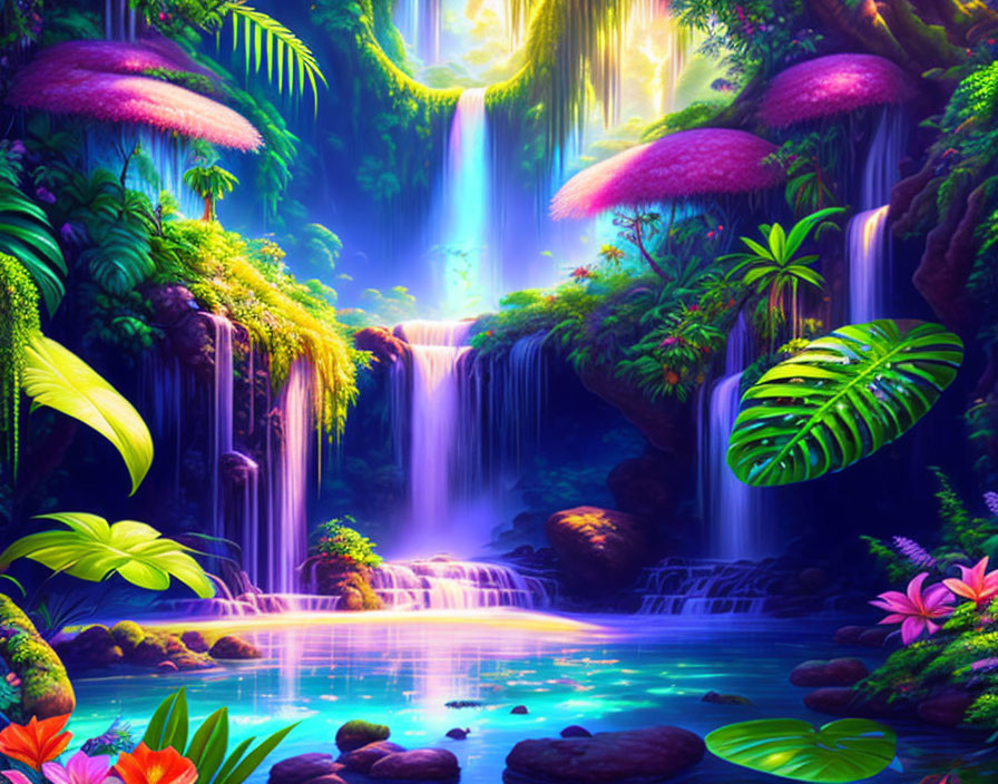 Luminescent fantasy jungle with waterfall and blue pond