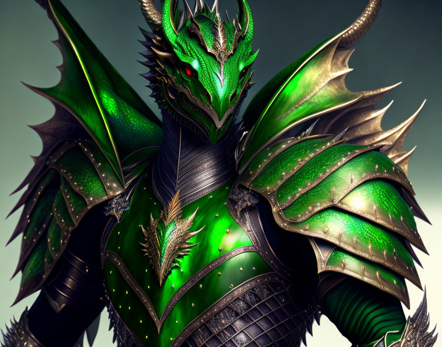 Detailed Green and Black Dragon with Red Eyes and Armor