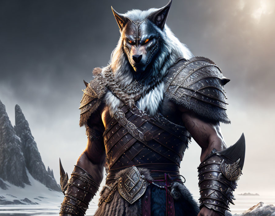 Armored werewolf with piercing gaze in snowy fantasy landscape