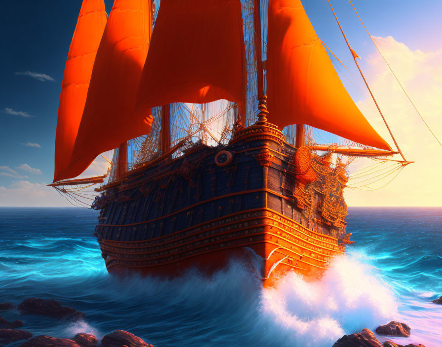 Majestic ship with vibrant orange sails on ocean waves at sunset