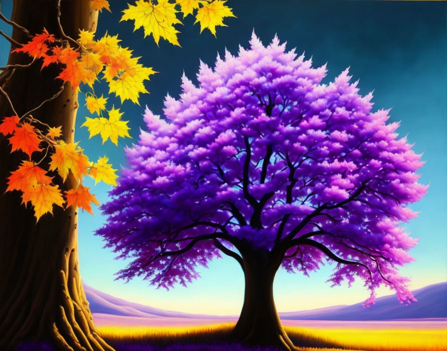 Colorful painting of purple-leaved tree with yellow-leaved tree and purple landscape.