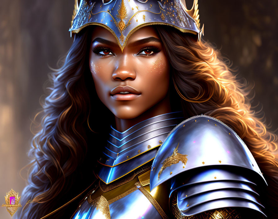 Woman in ornate armor with flowing curly hair portrait.