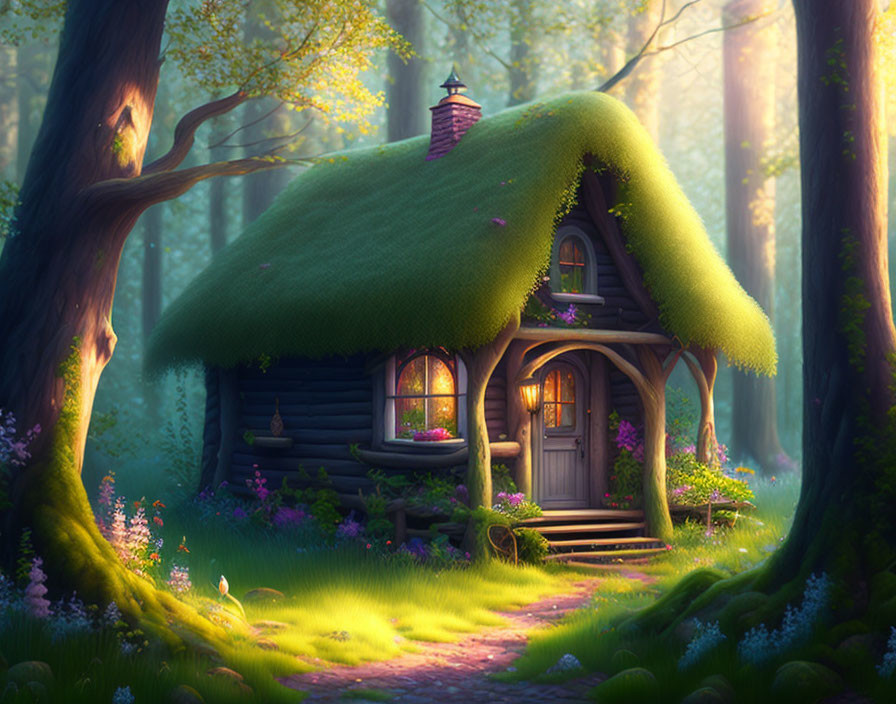 Thatched Roof Cottage in Enchanted Forest Setting