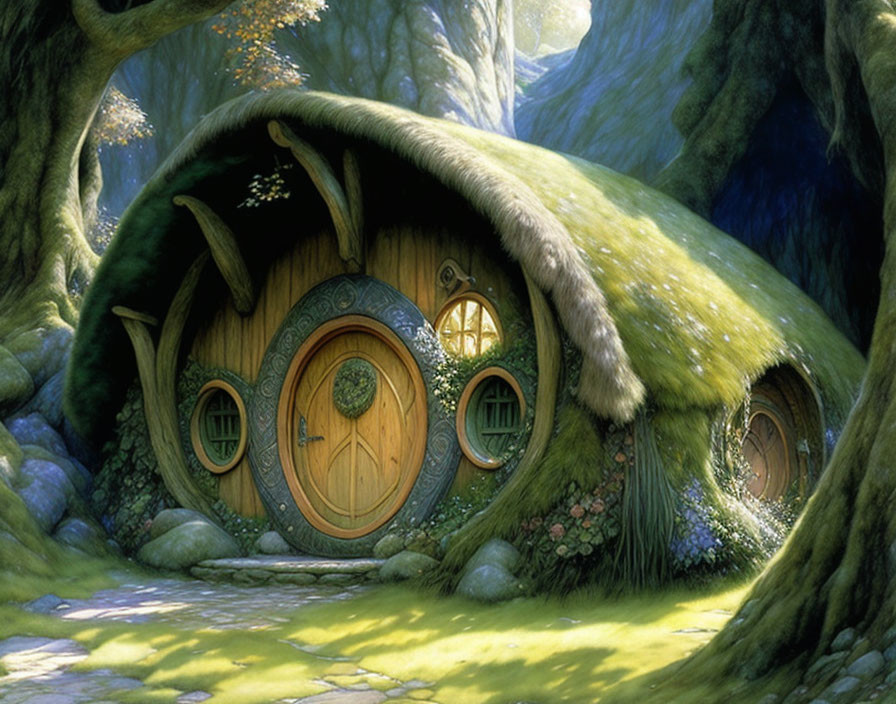 Quaint hobbit-house with round green door in lush forested hillside