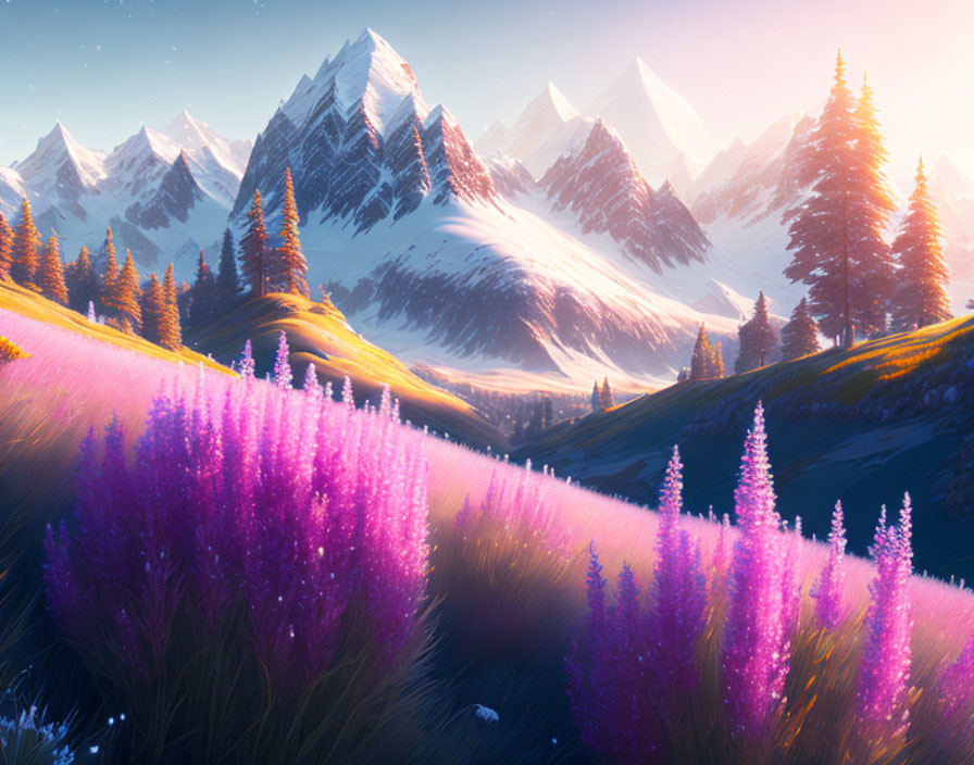 Scenic landscape with purple flowers, rolling hills, and snow-capped mountains