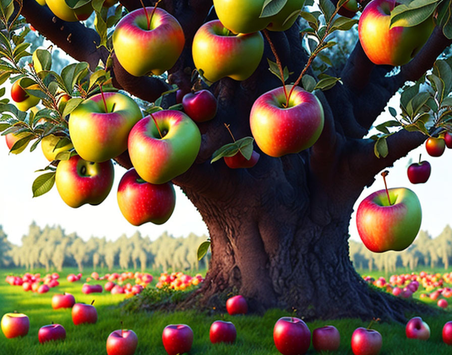 Ripe red and green apples on apple tree in lush orchard