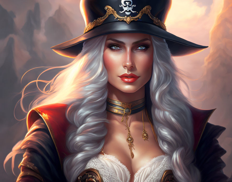 Silver-haired woman in pirate attire against mountain backdrop