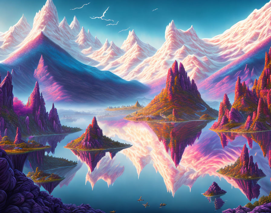 Colorful surreal landscape: purple mountains, reflective water, pink clouds, small boats, twilight sky,