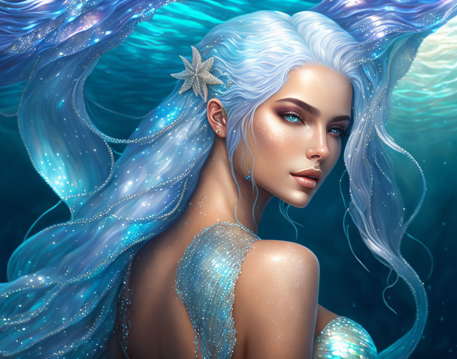 Mermaid with Blue Hair and Shimmering Scales in Underwater Glow